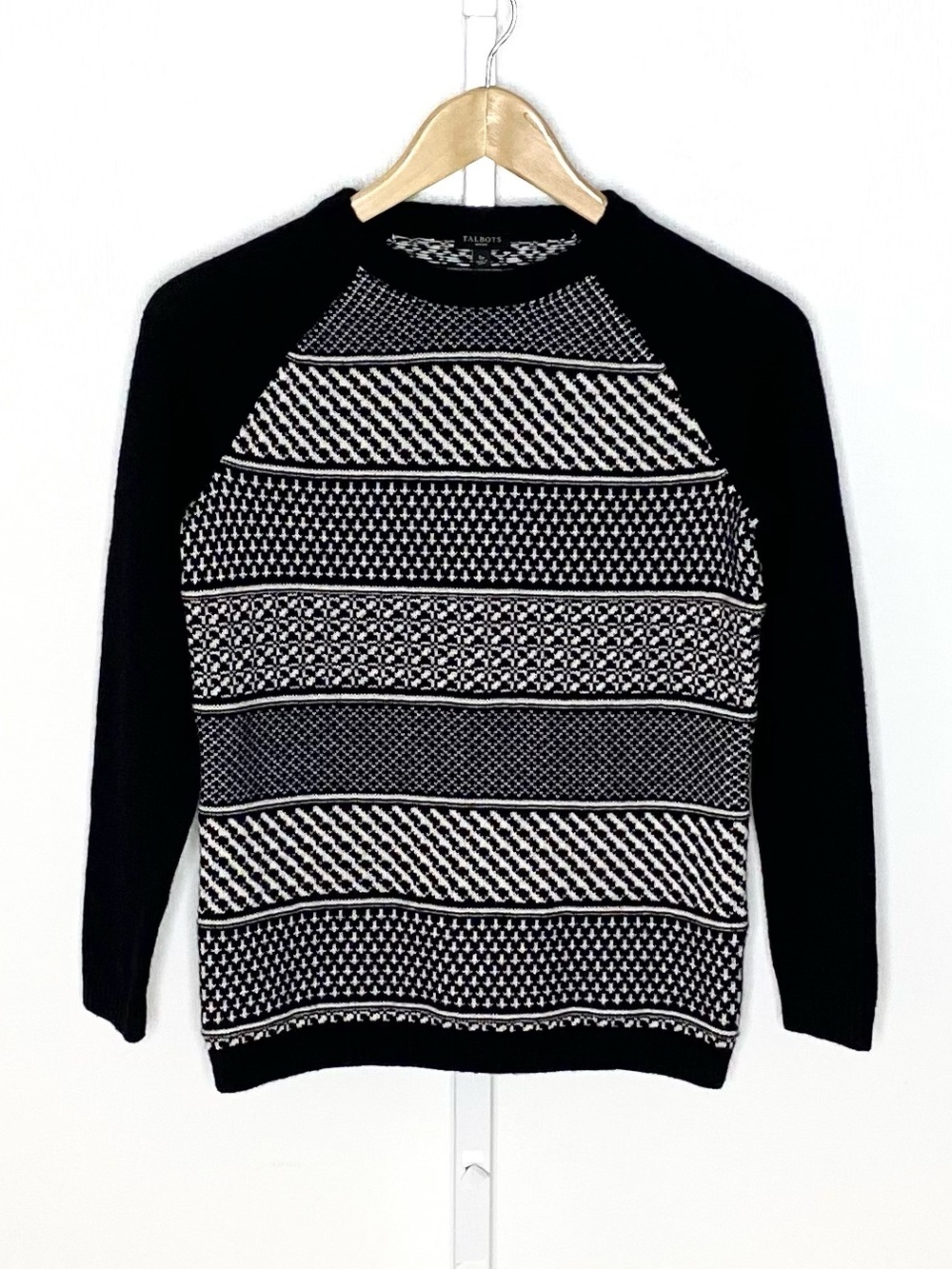 Talbots | Black/White Nordic Geometric Stripe Nylon/Lambswool Sweater Sz SP